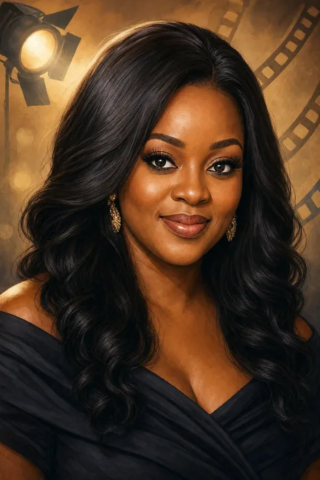Illustrated head-and-shoulders portrait of Ghanaian actress Jackie Appiah with subtle film-themed background details.