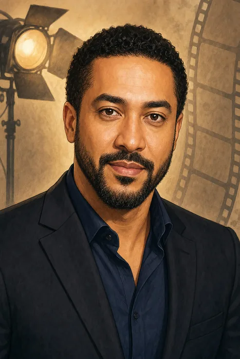 Illustrated head-and-shoulders portrait of Ghanaian screen actor Majid Michel, with subtle film-related background cues.