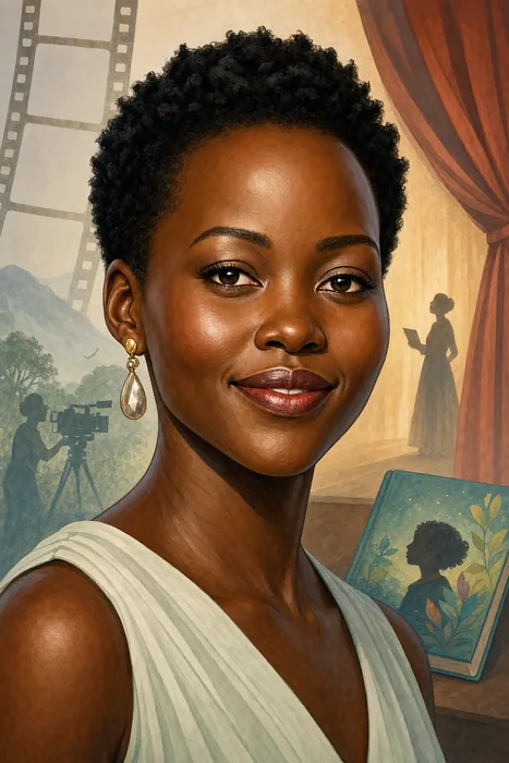 Illustrated head-and-shoulders portrait of Lupita Nyong'o with understated film, theatre and literary cues.