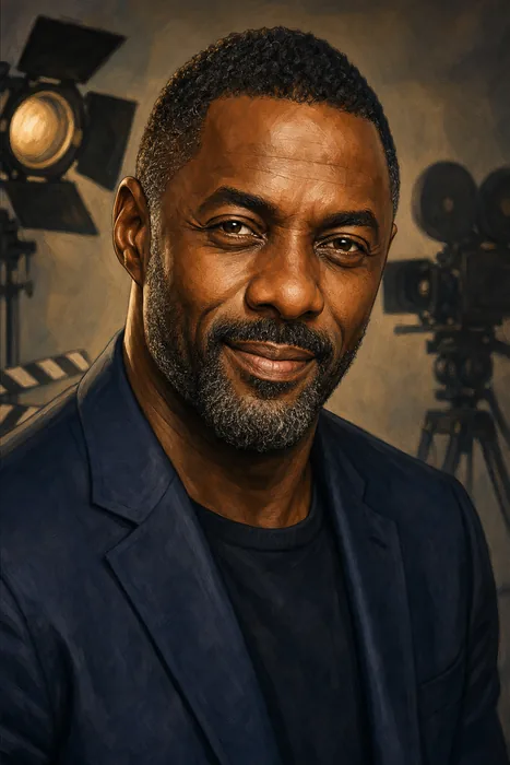 Editorial-style illustrated head-and-shoulders portrait of Idris Elba, with subtle film and television production cues.