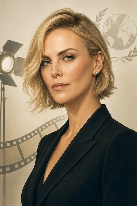 Illustrated head-and-shoulders portrait of Charlize Theron with subtle film and public-service visual cues.