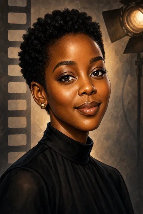 Illustrated head-and-shoulders portrait of South African actor Thuso Mbedu with subtle screen-acting cues.