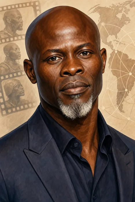 Editorial-style illustrated head-and-shoulders portrait of Djimon Hounsou with subtle film and advocacy cues.