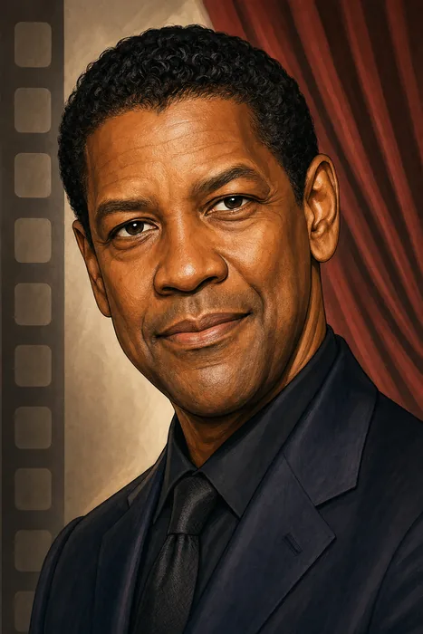 Illustrated head-and-shoulders portrait of Denzel Washington with subtle film and theatre cues.