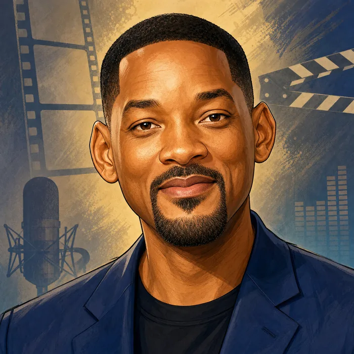 Illustrated head-and-shoulders portrait of Will Smith with subtle film, music and media-production cues.