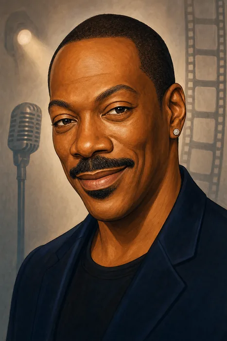 Illustrated head-and-shoulders portrait of Eddie Murphy with subtle comedy and film cues.