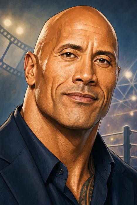 Illustrated head-and-shoulders caricature of Dwayne Johnson, with understated film and professional-wrestling cues in the background.