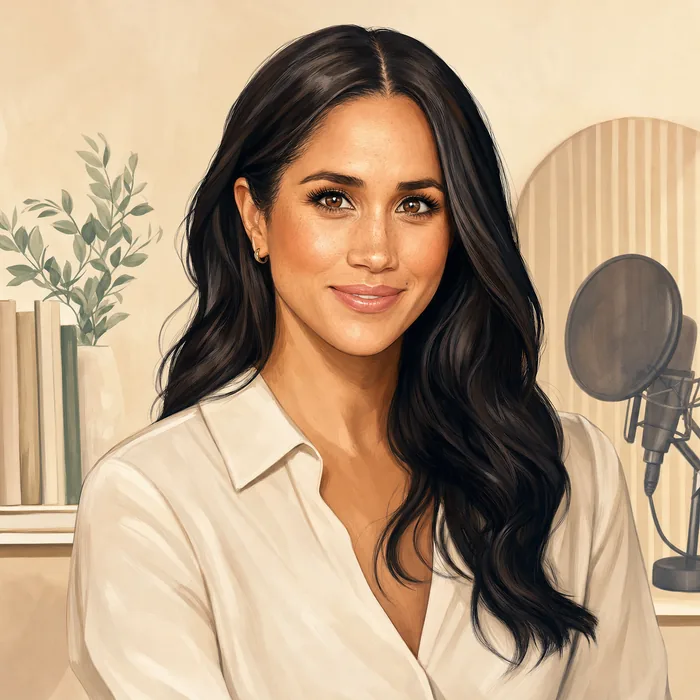Illustrated head-and-shoulders portrait of Meghan, Duchess of Sussex, with understated cues of her media and publishing work.