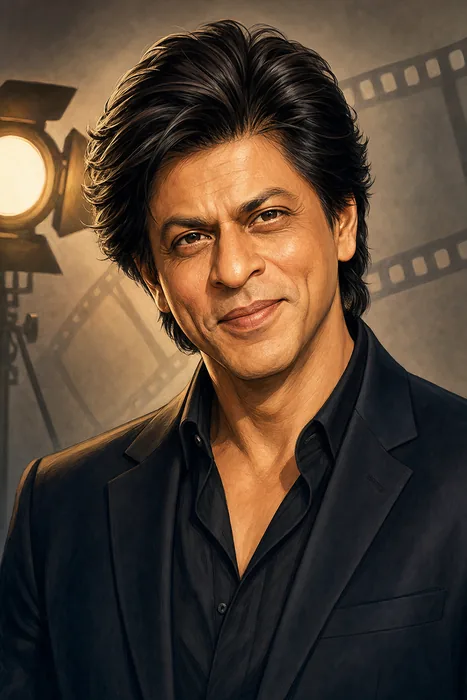 Editorial-style illustrated head-and-shoulders portrait of Shah Rukh Khan with subtle cinema and film-production cues.
