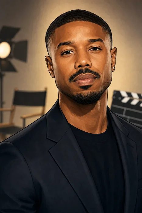 Illustrated head-and-shoulders portrait of Michael B. Jordan with subtle filmmaking cues.