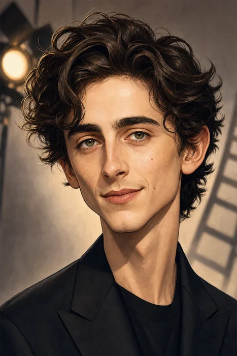 Illustrated head-and-shoulders caricature of Timothée Chalamet with understated film-production cues.