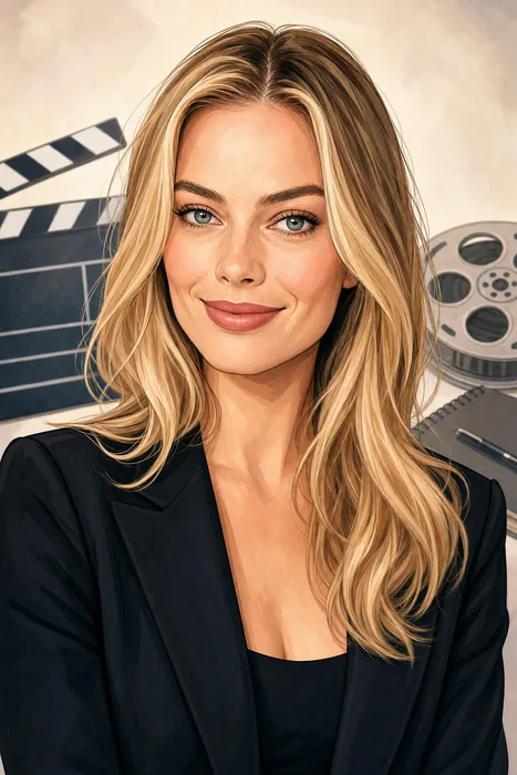 Illustrated head-and-shoulders portrait caricature of Margot Robbie with subtle film-production imagery in the background.
