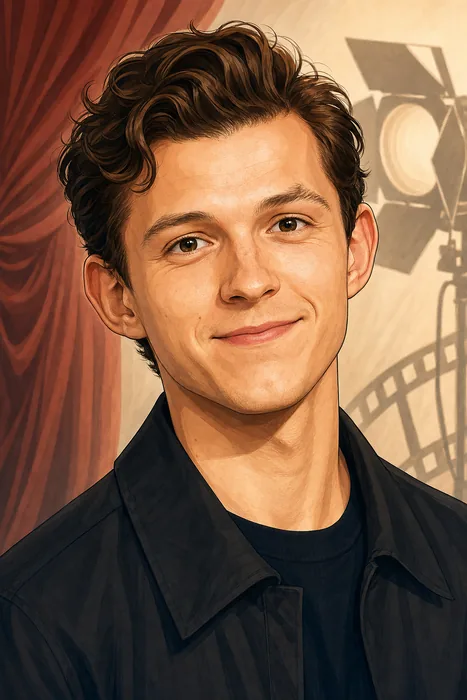 Illustrated head-and-shoulders portrait of Tom Holland with subtle stage and film cues.