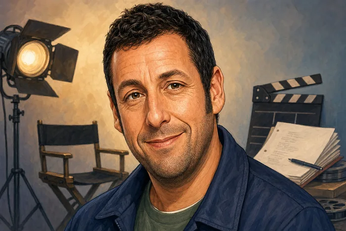 Illustrated head-and-shoulders portrait of Adam Sandler with subtle comedy and film-production cues.