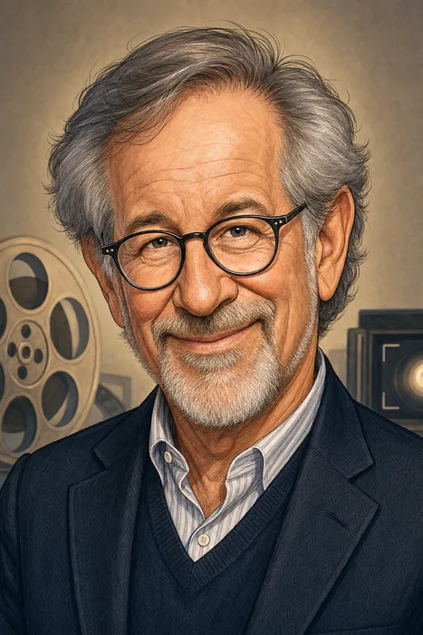 Illustrated head-and-shoulders portrait of Steven Spielberg with subtle filmmaking cues.