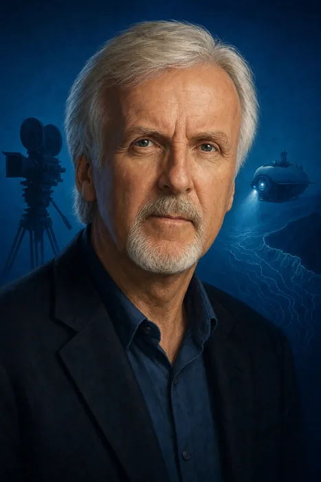 Illustrated head-and-shoulders portrait of James Cameron with understated filmmaking and deep-ocean exploration imagery.