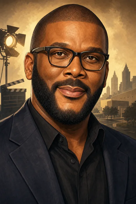 Illustrated head-and-shoulders portrait of Tyler Perry with subtle film and studio imagery in the background.