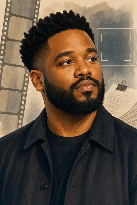Illustrated head-and-shoulders portrait of filmmaker Ryan Coogler with subtle filmmaking cues.