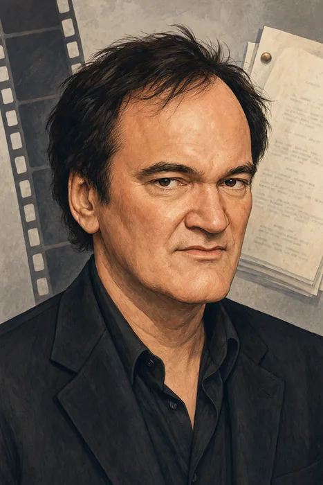 Illustrated head-and-shoulders caricature of Quentin Tarantino with subtle filmmaking cues.