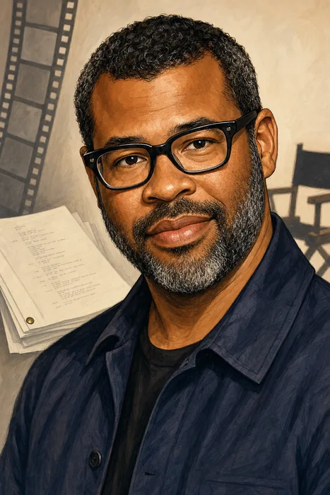 Illustrated head-and-shoulders portrait of Jordan Peele with subtle filmmaking and sketch-comedy cues.