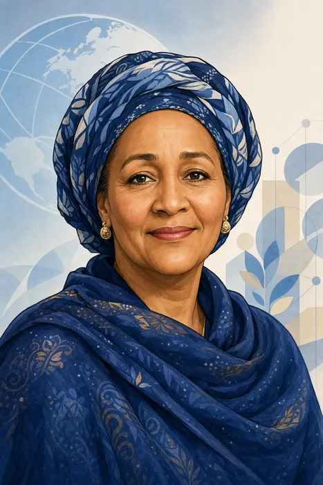 Illustrated head-and-shoulders portrait of Amina J. Mohammed with subtle United Nations and sustainable-development visual cues.