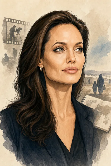 Illustrated head-and-shoulders portrait of Angelina Jolie with subtle filmmaking and humanitarian-work visual cues.