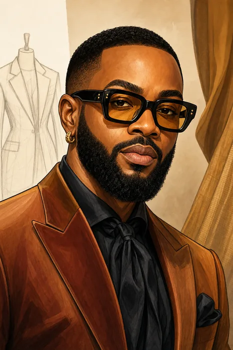 Illustrated head-and-shoulders portrait of Nigerian fashion stylist Jeremiah Ogbodo, known as Swanky Jerry, in an editorial fashion setting.