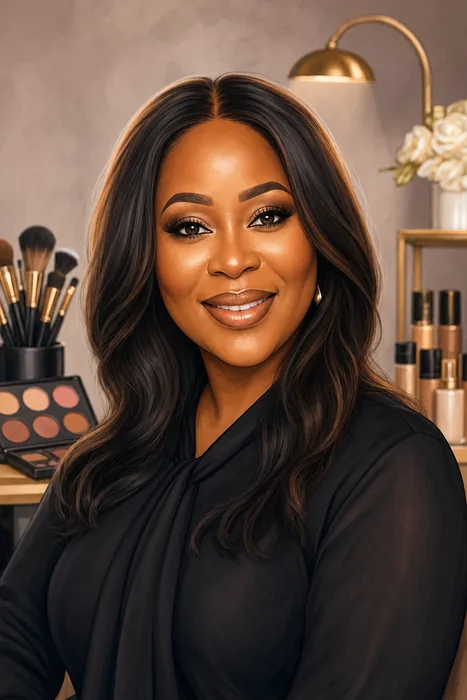 Illustrated head-and-shoulders portrait of Banke Meshida-Lawal with subtle makeup artistry and cosmetics cues.