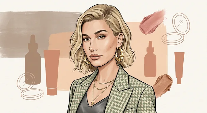 Illustrated head-and-shoulders portrait of Hailey Rhode Bieber with subtle skincare and fashion cues.
