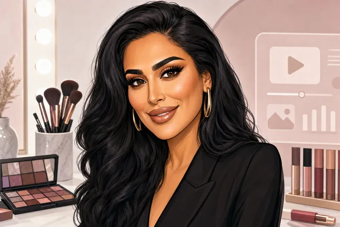 Illustrated head-and-shoulders portrait of Huda Kattan with subtle cosmetics and digital-content cues.