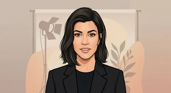 Illustrated head-and-shoulders portrait of Kourtney Kardashian Barker with subtle wellness and television-production cues.