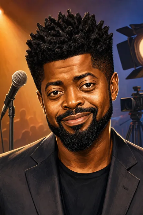 Illustrated head-and-shoulders portrait of Basketmouth with subtle comedy and screen-production cues.