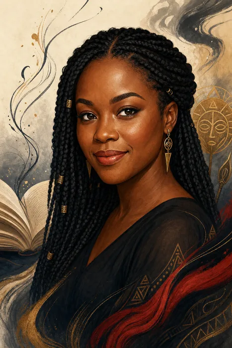 Illustrated head-and-shoulders portrait of novelist Tomi Adeyemi, with subtle fantasy-literature and writing cues in the background.