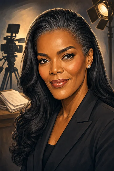 Illustrated head-and-shoulders portrait of Connie Ferguson with subtle television production imagery in the background.