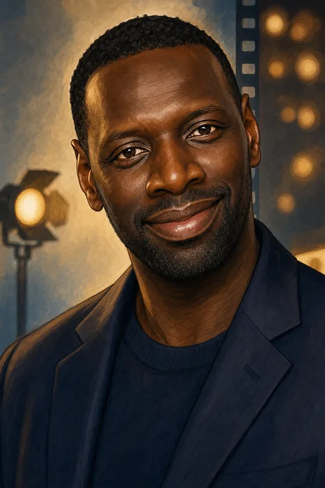 Illustrated head-and-shoulders portrait of Omar Sy with subtle cinema-themed background cues.