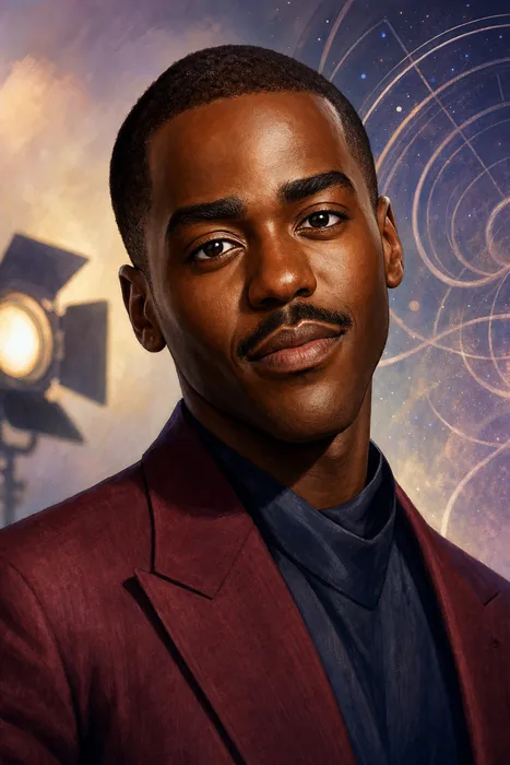 Illustrated head-and-shoulders caricature of actor Ncuti Gatwa with subtle television-performance cues.