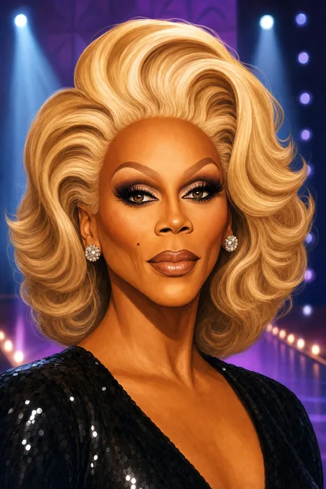 Illustrated head-and-shoulders portrait of RuPaul in a polished editorial style, with subtle television-stage cues.