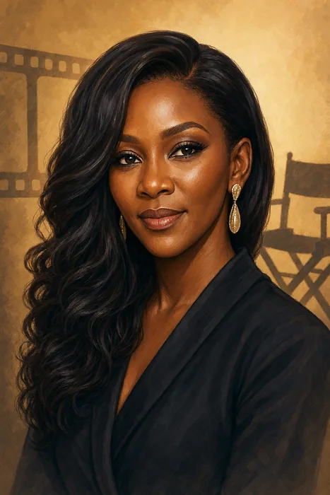 Editorial illustrated head-and-shoulders portrait of Genevieve Nnaji with subtle film-making cues.