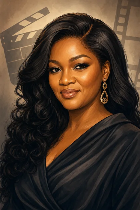 Illustrated head-and-shoulders portrait of Omotola Jalade-Ekeinde with subtle film-making cues.