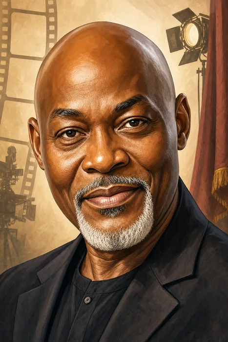 Illustrated head-and-shoulders portrait of Nigerian actor and producer Richard Mofe-Damijo, known as RMD, with subtle film and cultural-arts motifs.