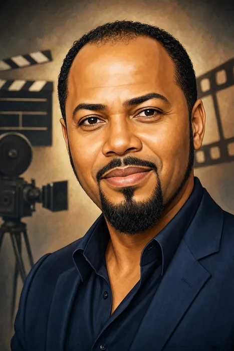 Illustrated head-and-shoulders portrait of Ramsey Nouah with subtle film-production imagery in the background.