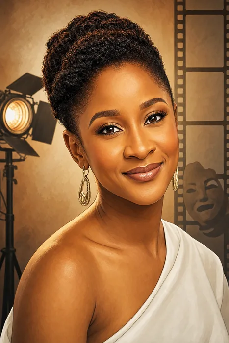 Illustrated head-and-shoulders portrait of Adesua Etomi-Wellington with subtle film, television and theatre cues.