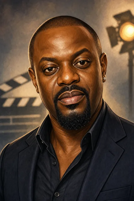 Illustrated head-and-shoulders caricature of Jim Iyke with subtle Nollywood film-production cues.