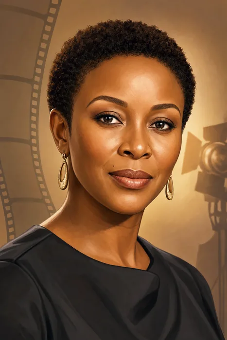 Illustrated head-and-shoulders portrait of Nigerian actor Nse Ikpe-Etim with subtle film-themed background cues.