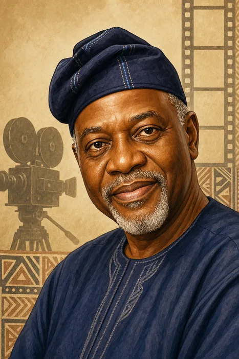 Editorial-style illustrated head-and-shoulders portrait of Nigerian filmmaker Tunde Kelani with subtle film-production cues.