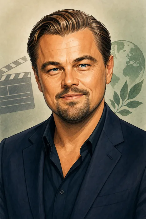 Illustrated head-and-shoulders portrait of Leonardo DiCaprio with subtle film and environmental visual cues.