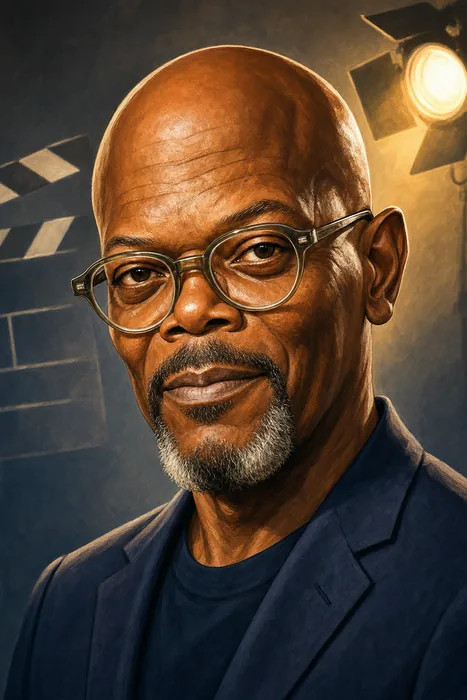 Illustrated head-and-shoulders portrait of Samuel L. Jackson with understated film-industry cues.