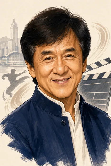 Illustrated head-and-shoulders portrait of Jackie Chan with subtle film and action-choreography cues.
