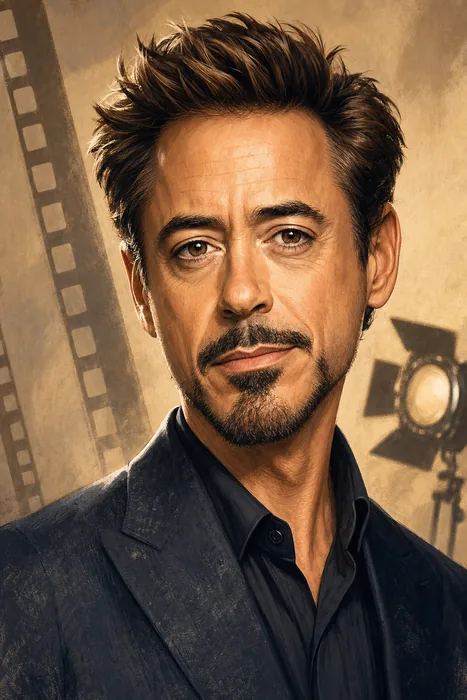 Illustrated head-and-shoulders portrait of Robert Downey Jr. with subtle film and production-themed background cues.
