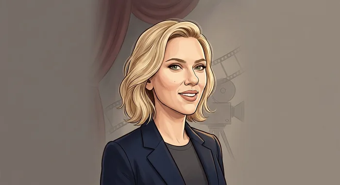 Illustrated head-and-shoulders portrait of Scarlett Johansson with subtle filmmaking and theater cues.